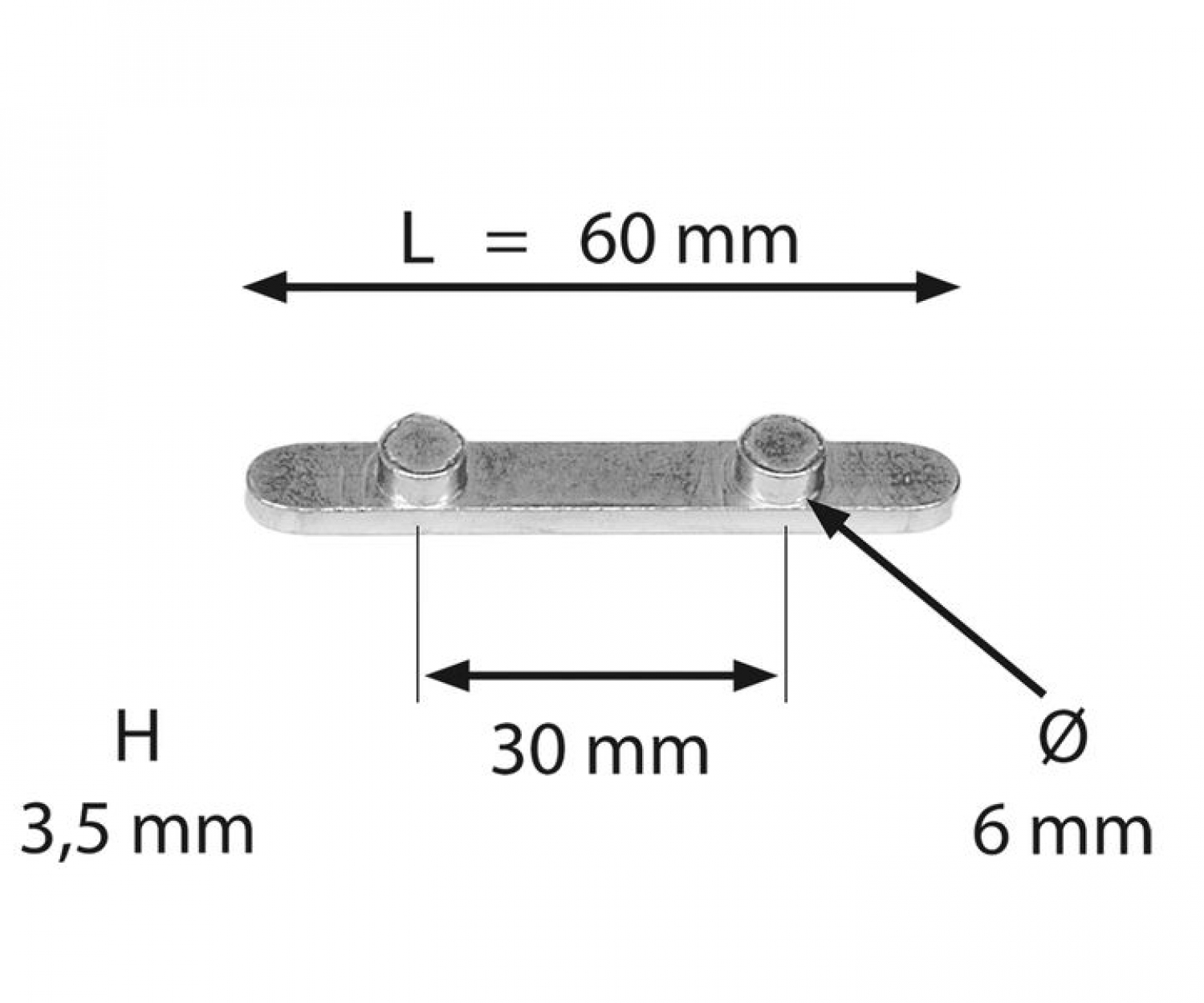 Passfeder mit 2 Stiften Abstand 30, L: 60 mm, H: 3,5 mm Stifte DN 6