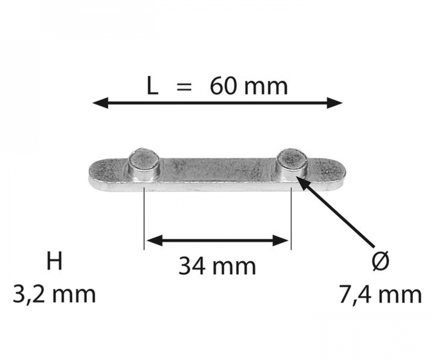 Passfeder mit 2 Stiften Abstand 34, L: 60 mm, H: 3,2 mm Stifte DN 7,4